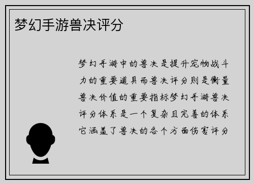 梦幻手游兽决评分