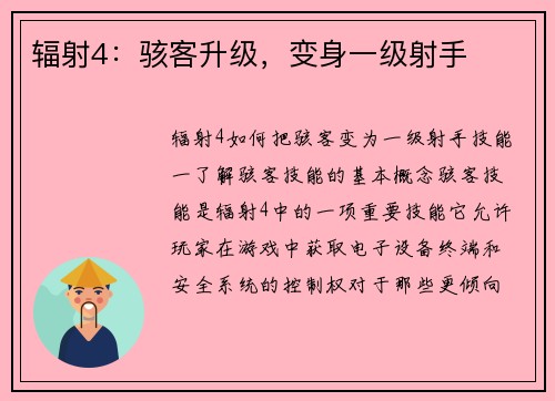 辐射4：骇客升级，变身一级射手