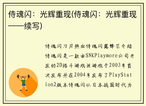 侍魂闪：光辉重现(侍魂闪：光辉重现——续写)